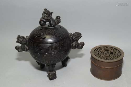 Two 19-20th C. Chinese Bronze Incense Burners