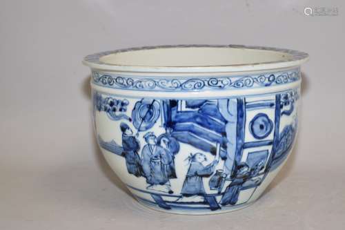 Ming Chinese Blue and White Figures Jardiniere