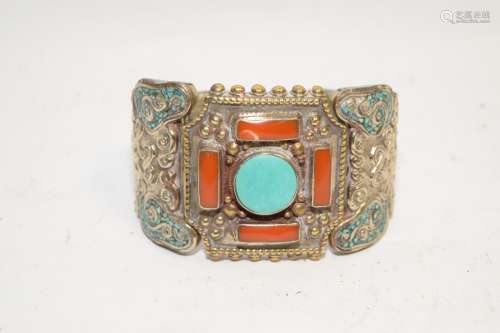 Tibetan Turquoise & Coral Inlay Silver Bracelet