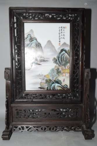 Chinese Famille Rose Landscape Plaque Table Screen