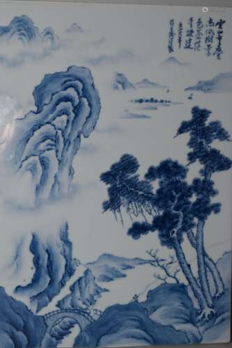 1950-70s Chinese Blue and White Landscape Plaque