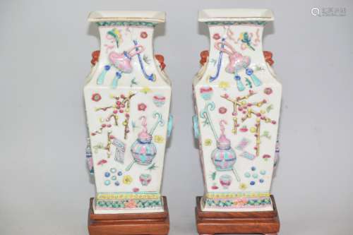 Pr. of Qing Chinese Carved Famille Rose Porcelain Vases
