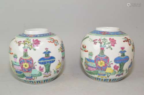 Pr. of Republic Chinese Famille Rose Porcelain Jars