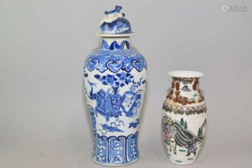 19-20th C. Chinese B&W Jar and Ge Glaze Famille Rose Vase