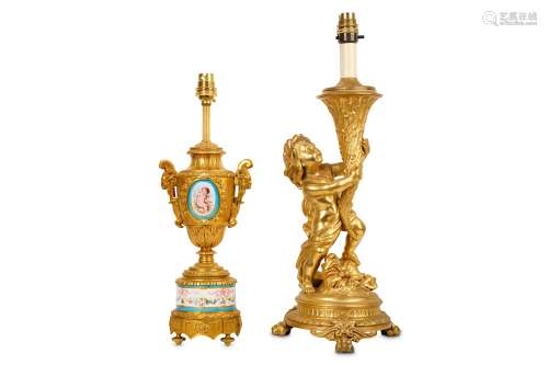 A LOUIS XVI STYLE GILT METAL FIGURAL LAMP BASE TOGETHER WITH ANOTHER the first depicting a putto