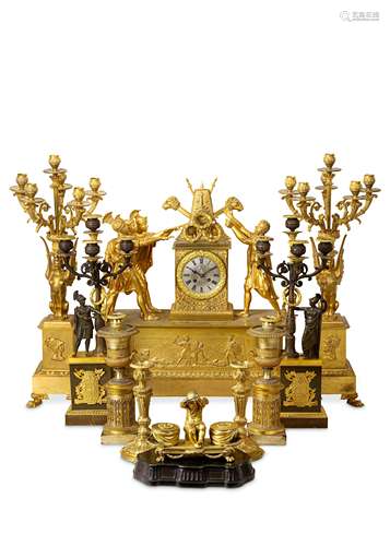 A LARGE AND IMPRESSIVE 19TH CENTURY FRENCH EMPIRE STYLE GILT BRONZE CLOCK GARNITURE DEPICTING THE