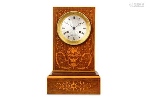 A SECOND QUARTER 19TH CENTURY FRENCH ROSEWOOD, SATINWOOD AND MARQUETRY INLAID MANTEL CLOCK SIGNED '