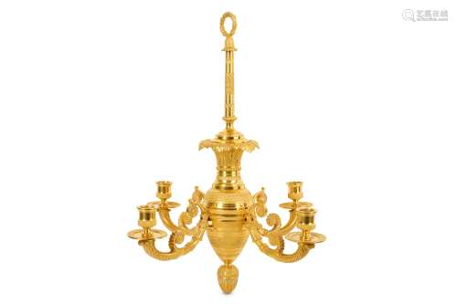 A SMALL EARLY 20TH CENTURY FRENCH EMPIRE STYLE GILT BRONZE CHANDELIER the central stem with