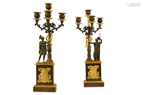 A FINE PAIR OF EARLY 19TH CENTURY FRENCH EMPIRE PERIOD GILT AND PATINATED BRONZE FIGURAL