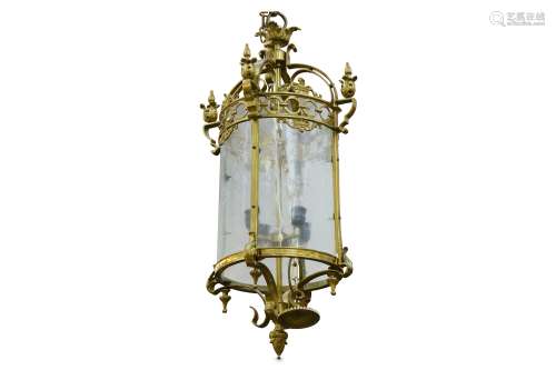 A LATE 19TH CENTURY GILT BRONZE AND ETCHED GLASS HALL LANTERN of cylindrical form with scrolling