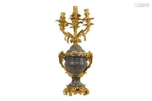 A FINE LATE 19TH CENTURY FRENCH GREEN PORPHYRY AND GILT BRONZE MOUNTED CANDELABRA in the manner