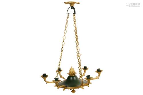AN EARLY 20TH CENTURY REGENCY STYLE GILT BRONZE AND GREEN TOLE WARE COLZA STYLE CHANDELIER the