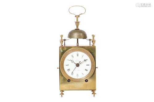 AN EARLY 19TH CENTURY FRENCH BRASS STRIKING TRAVELLING OR CAPUCINE CLOCK WITH ALARM SIGNED 'LEROY