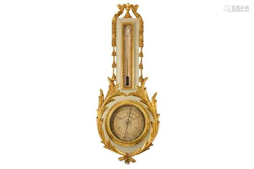 A LATE 19TH / EARLY 20TH CENTURY DANISH CARVED, PAINTED AND PARCEL GILT WOOD WALL BAROMETER in the