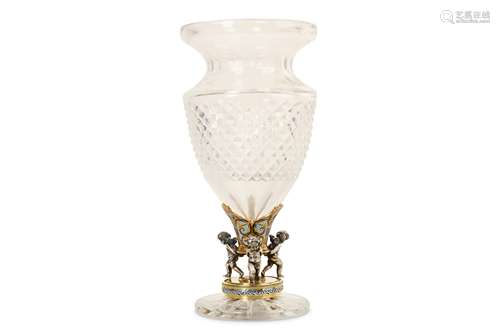 AN EARLY 20TH CENTURY FRENCH BACCARAT STYLE GILT, SILVERED AND CHAMPLEVE MOUNTED GLASS VASE the vase