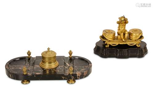 AN EARLY 19TH CENTURY FRENCH EMPIRE STYLE GILT BRONZE ENCRIER TOGETHER WITH ANOTHER the inkstand