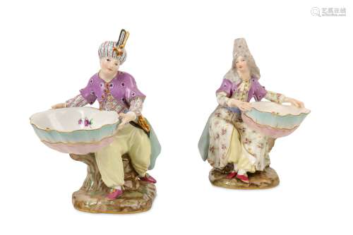 A PAIR OF 19TH CENTURY MEISSEN PORCELAIN OTTOMAN FIGURES SUPPORTING BON BON DISHES MADE FOR THE