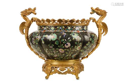 A LATE 19TH CENTURY FRENCH JAPONISME GILT BRONZE AND CLOISONNÉ ENAMEL JARDINIÈRE IN THE MANNER OF