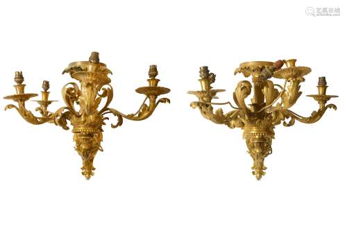 A VERY LARGE PAIR OF LATE 19TH CENTURY FRENCH GILT BRONZE FOUR BRANCH WALL LIGHTS in the Louis XV