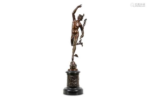 AFTER GIAMBOLOGNA (ITALIAN, 1529-1608): A 19TH CENTURY BRONZE FIGURE OF MERCURY leaping on a gust of