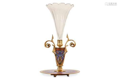 A LATE 19TH CENTURY FRENCH GILT BRONZE, CHAMPLEVE ENAMEL AND CUT GLASS CENTREPIECE / VASE BY