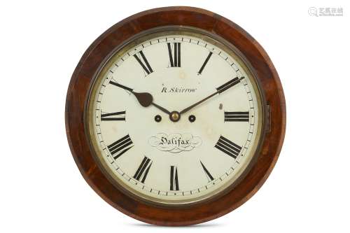 AN EARLY 19TH CENTURY MAHOGANY FUSEE WALL CLOCK SIGNED 'R. SKIRROW HALIFAX' the case with hinged