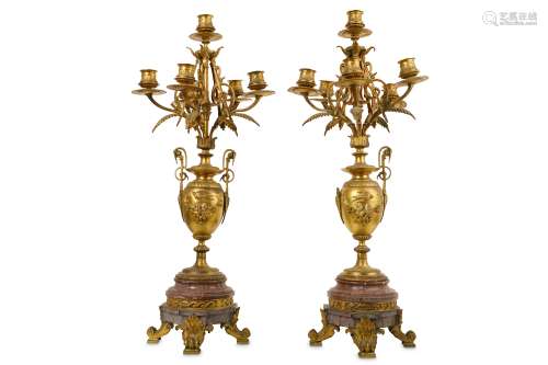 A PAIR OF LATE 19TH CENTURY FRENCH GILT METAL AND BRECCIA MARBLE CANDELABRA in the Neo-Grec style,
