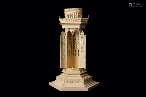 A LARGE AND FINE MID 19TH CENTURY DIEPPE IVORY ARCHITECTURAL MODEL OF A GOTHIC TOWER the tower with
