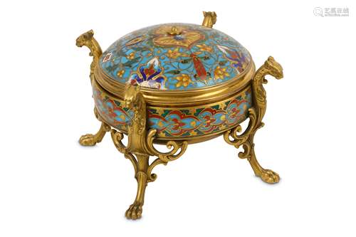 A LATE 19TH CENTURY FRENCH GILT BRONZE AND CHAMPLEVE ENAMEL BOWL AND COVER BY F. BARBEDIENNE or