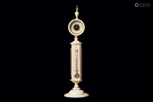 A RARE 19TH CENTURY GERMAN IVORY TABLE BAROMETER / THERMOMETER the cylindrical shaft surmounted