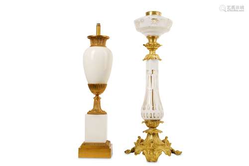 A GILT BRONZE AND OPALINE GLASS LAMP BASE TOGETHER WITH ANOTHER of oil lamp form, the glass