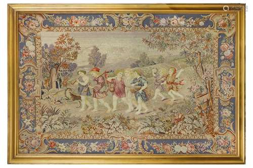 A VERY LARGE 19TH CENTURY NEEDLEWORK PANEL DEPICTING CHILDREN IN A LANDSCAPE the children