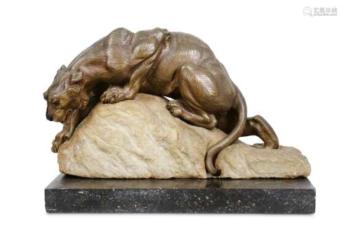 THEODORE COINCHON (FRENCH, 1814-1881): A BRONZE MODEL OF A PANTHER with silvered decoration to the