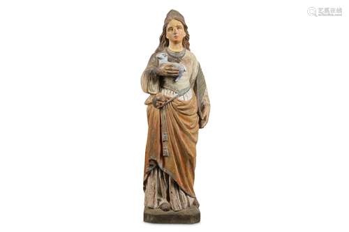 A LATE 19TH CENTURY CARVED AND PAINTED WOOD FIGURE OF ST AGNES WITH A LAMB the standing figure