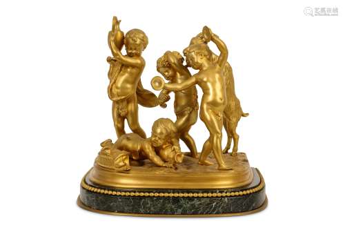 A FINE LATE 19TH CENTURY FRENCH GILT BRONZE FIGURAL GROUP OF PUTTI AND A GOAT SIGNED 'SEVRES' with