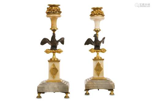 A PAIR OF 19TH CENTURY GILT AND PATINATED BRONZE AND MARBLE CANDLESTICKS in the manner of Matthew