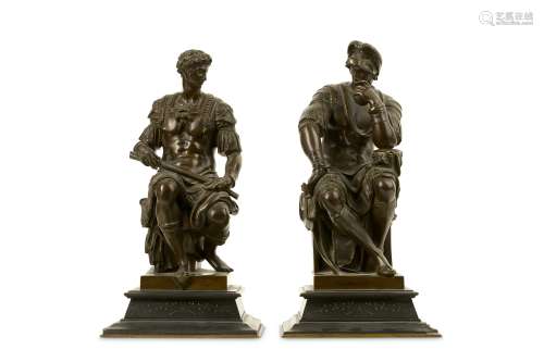 AFTER MICHELANGELO (ITALIAN, 1475-1564): A PAIR OF LATE 19TH CENTURY FRENCH BRONZE FIGURES OF