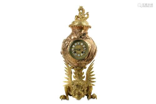 A LATE 19TH CENTURY FRENCH ORIENTAL STYLE BRONZE AND SILVERED METAL MANTEL CLOCK the Chinese style