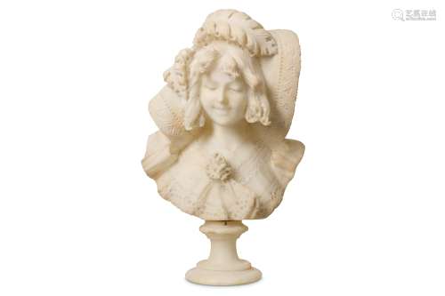 A LATE 19TH CENTURY ITALIAN CARVED ALABASTER BUST OF A LAUGHING GIRL wearing a plumed hat and a