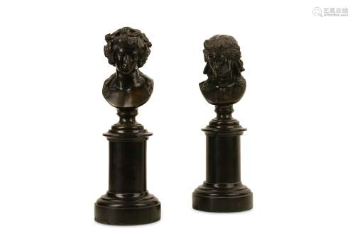 A PAIR OF LATE 19TH CENTURY FRENCH BRONZE BUSTS OF BACCHUS AND APOLLO ATTRIBUTED TO GEORGES