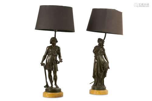 A PAIR OF LATE 19TH CENTURY FRENCH BRONZE FIGURES OF SUMMER AND AUTUMN SIGNED DELAVIGNE, ADAPTED AS