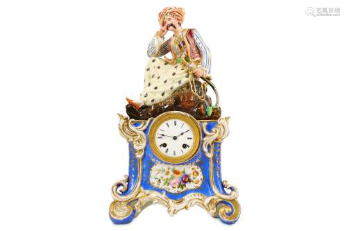 A SECOND QUARTER 19TH CENTURY FRENCH PORCELAIN MANTEL CLOCK DEPICTING AN OTTOMAN SULTAN, FOR THE