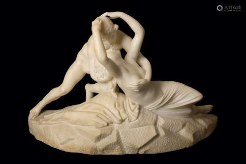 AFTER ANTONIO CANOVA (ITALIAN, 1757-1822): A CARVED ALABASTER FIGURAL GROUP OF CUPID AND PSYCHE