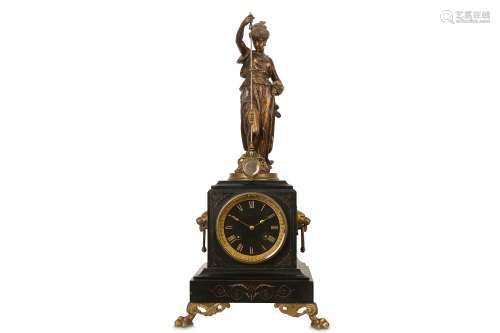 A LATE 19TH CENTURY FRENCH BLACK MARBLE, GILT BRONZE MOUNTED AND SPELTER FIGURAL MYSTERY CLOCK