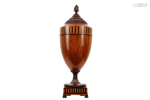 A 19TH CENTURY GEORGE III STYLE MAHOGANY, SATINWOOD AND EBONISED KNIFE BOX MODELLED AS AN URN the