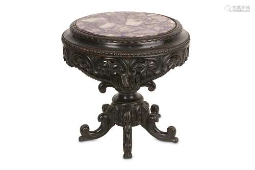 A 19TH CENTURY ANGLO-INDIAN EBONISED MINIATURE TABLE WITH LATER AMETHYST TOP of circular form with