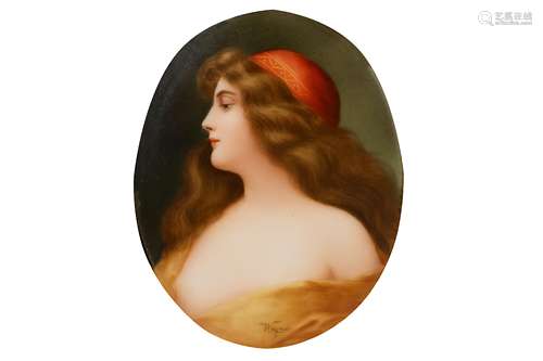 A 19TH CENTURY GERMAN KPM PORCELAIN PANEL DEPICTING A YOUNG WOMAN SIGNED 'WAGNER' of oval form,