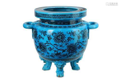 A LARGE LATE 19TH CENTURY MINTONS MAJOLICA TURQUOISE GROUND JARDINIERE IN THE CHINESE TASTE