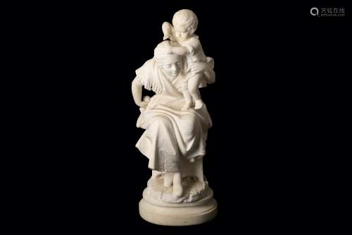 A 19TH CENTURY CARRARA MARBLE FIGURAL GROUP OF A MOTHER AND CHILD SIGNED 'C. BELLEUSE' depicting a
