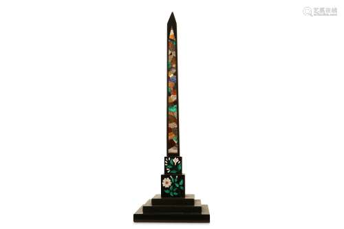 A LARGE LATE 19TH / EARLY 20TH CENTURY PIETRE DURE AND SPECIMEN MARBLE OBELISK inlaid with